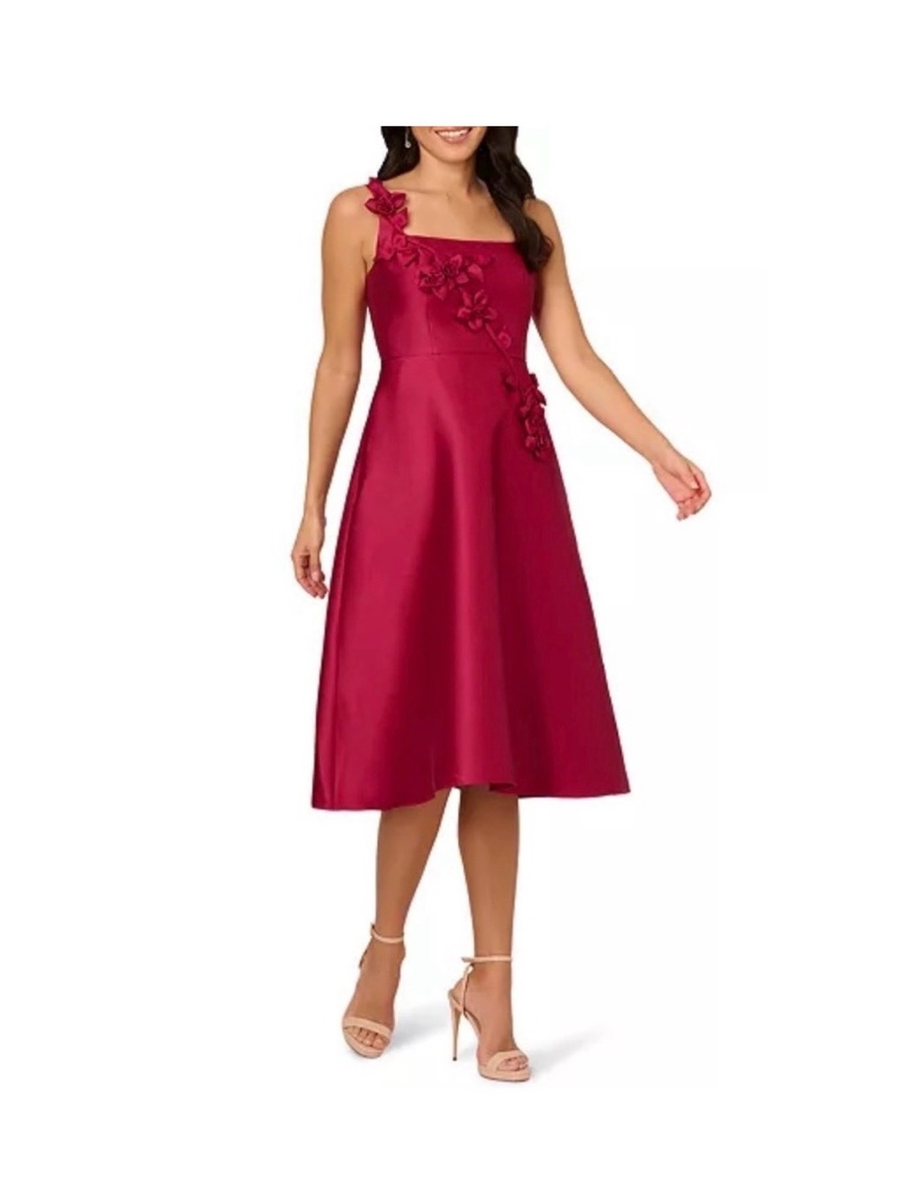 Adrianna Papell Wine Floral-Appliqué Square-Neck Midi Dress